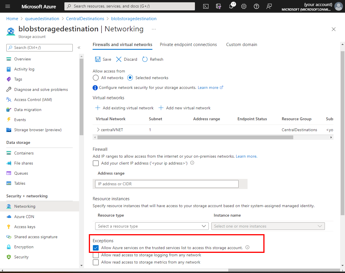 Schermopname van Azure Portal met firewalluitzondering voor Azure Blob Storage virtuele netwerk.