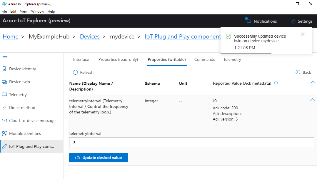 Schermopname van het instellen van telemetrie-interval op MXCHIP DevKit in IoT Explorer