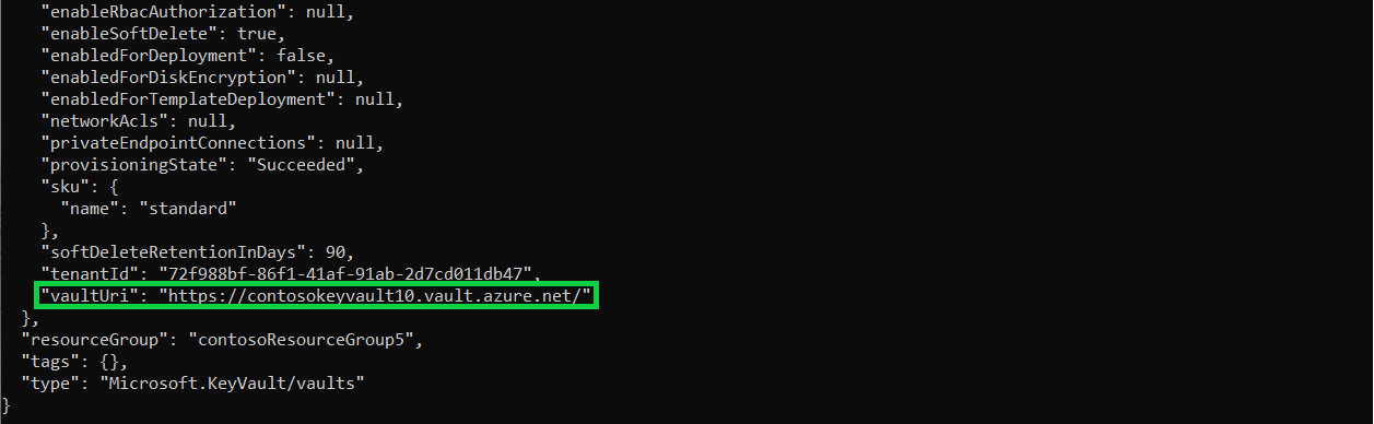 Console-uitvoer van de bovenstaande opdracht. De id en de vaultUri zijn beide groen gemarkeerd voor de gebruiker.