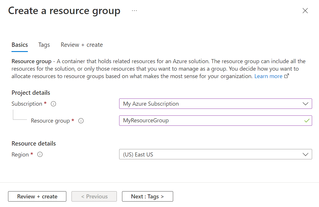 Schermopname van de pagina Nieuwe resourcegroep maken in Azure Portal.