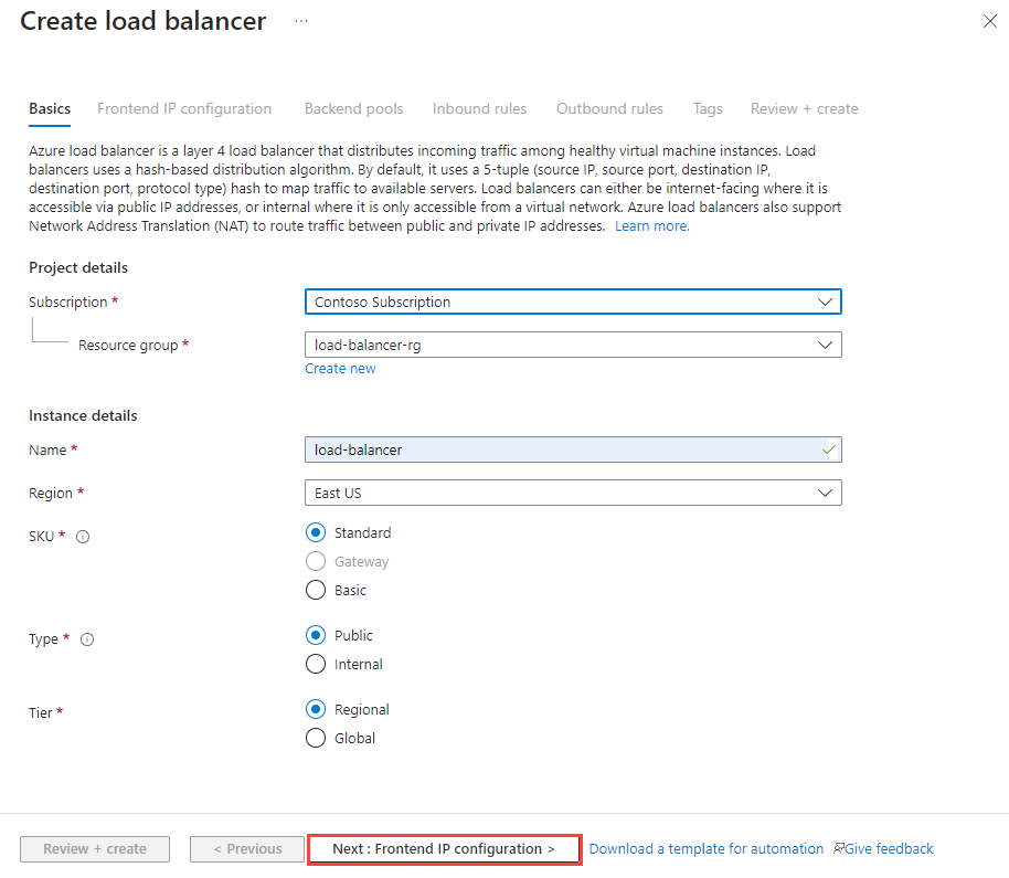 Schermopname van het tabblad Standaard load balancer maken.