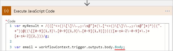 Schermopname van de werkstroom van de logische app Verbruik, de actie JavaScript-code uitvoeren en de naam 'Hoofdtekst' heeft gewijzigd met een puntkomma.