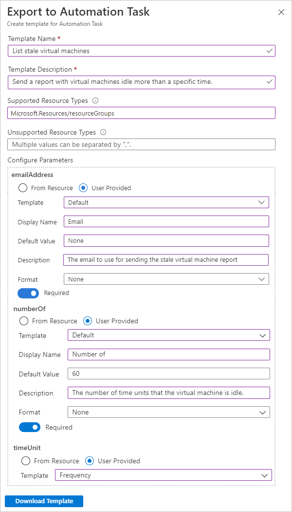 Screenshot showing the 'Export to Automation Task' pane with example properties for an automation task template.