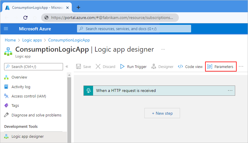 Schermopname met Azure Portal, de ontwerper voor de werkstroom Verbruik en 'Parameters' op de werkbalk van de ontwerper geselecteerd.
