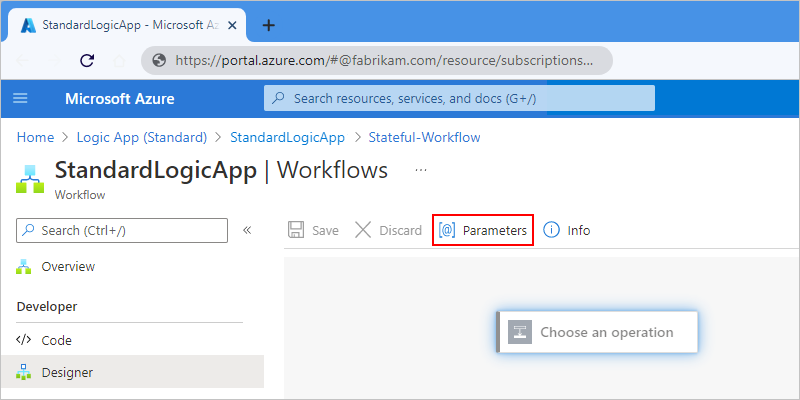 Schermopname met Azure Portal, ontwerper voor Standaardwerkstroom en Parameters op de werkbalk van de ontwerper geselecteerd.