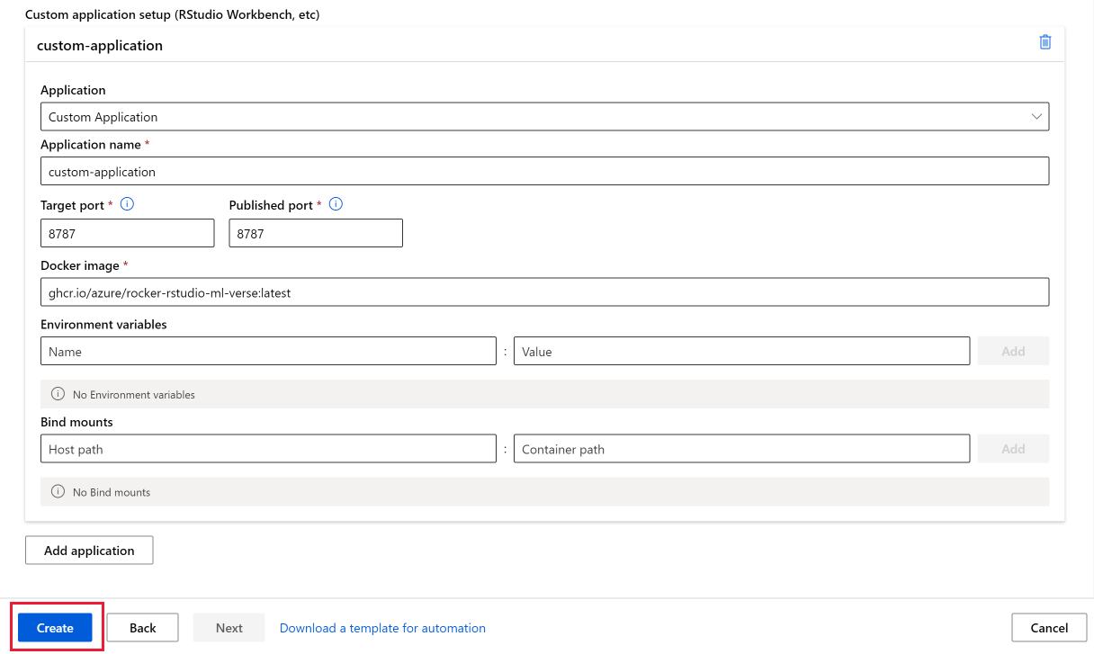 Schermopname van het formulier voor het instellen van RStudio als een aangepaste toepassing