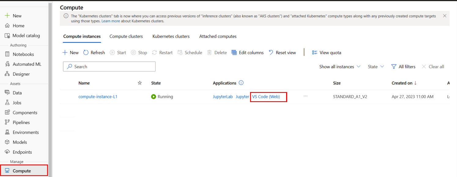 Schermopname van het maken van verbinding met het Compute Instance VS Code-Azure Machine Learning-studio.