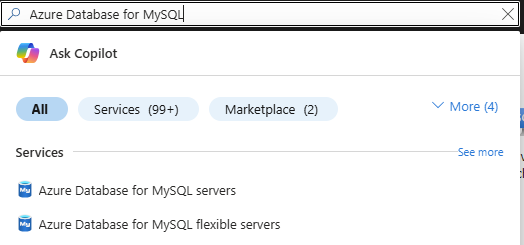 Schermopname met een zoekopdracht naar Azure Database for MySQL-servers.