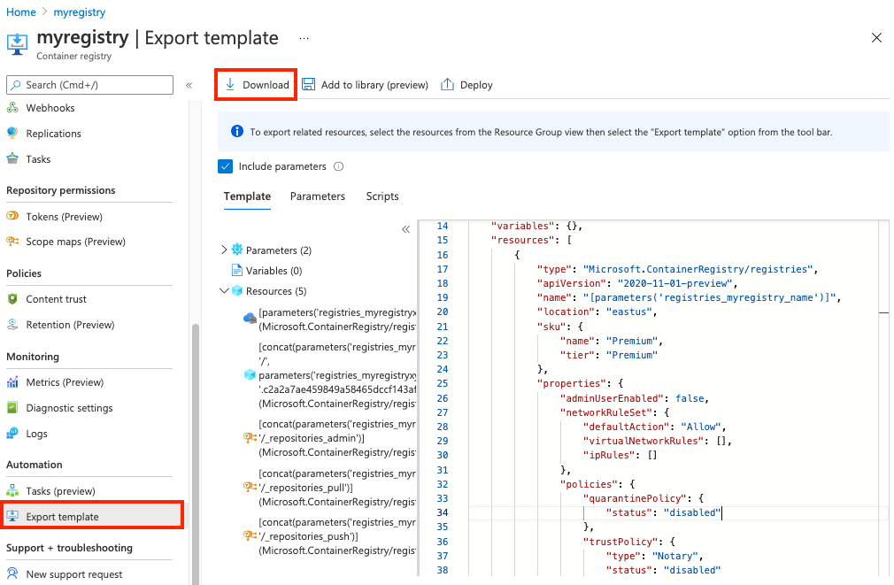 Schermopname van exportsjabloon voor containerregister.