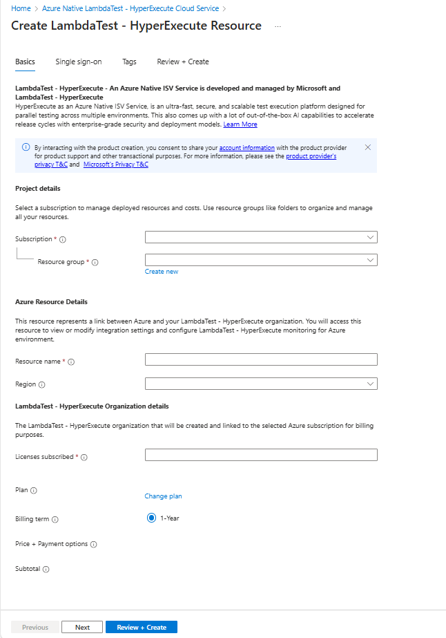 Een schermopname van de optie LambdaTest - HyperExecute-resource maken in Azure-opties in het werkvenster van Azure Portal, met het tabblad Basisbeginselen weergegeven.