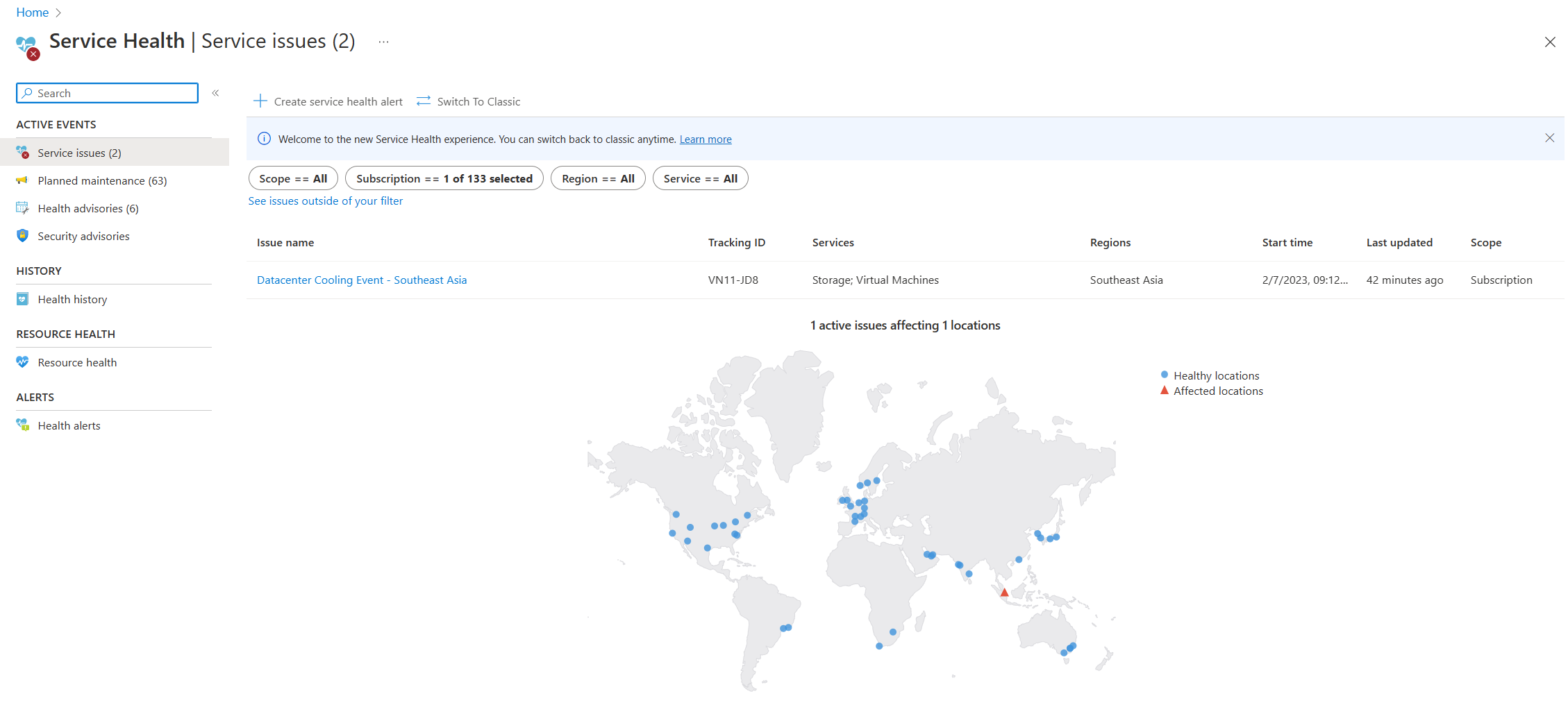  Schermopname van servicestoring in de Service Health-portal.