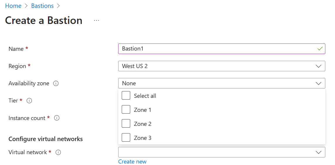 Schermopname van de instelling beschikbaarheidszone tijdens het maken van een Bastion-resource.