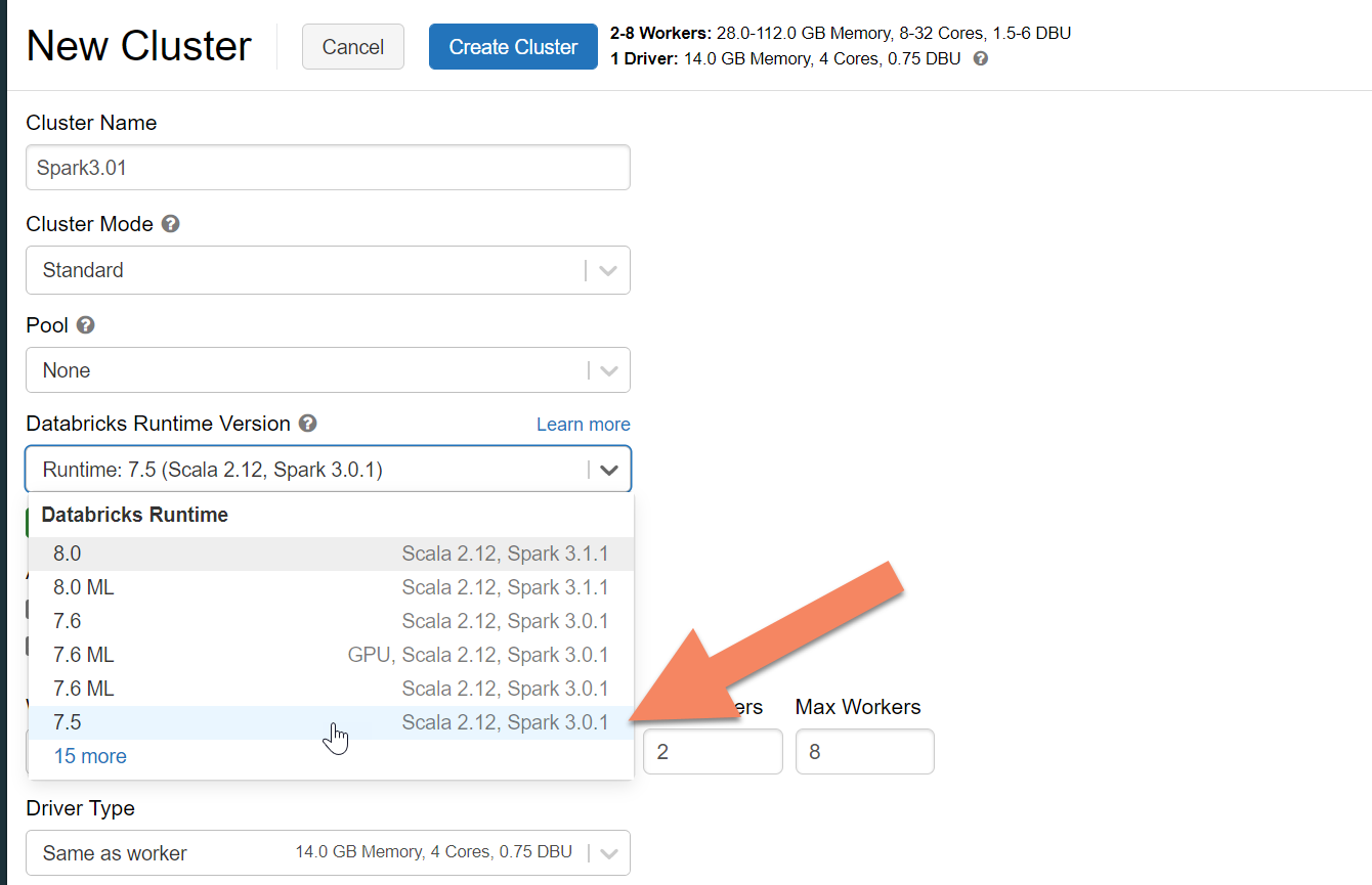 Schermopname van het dialoogvenster Nieuw cluster met een Runtime-versie van Azure Databricks geselecteerd.