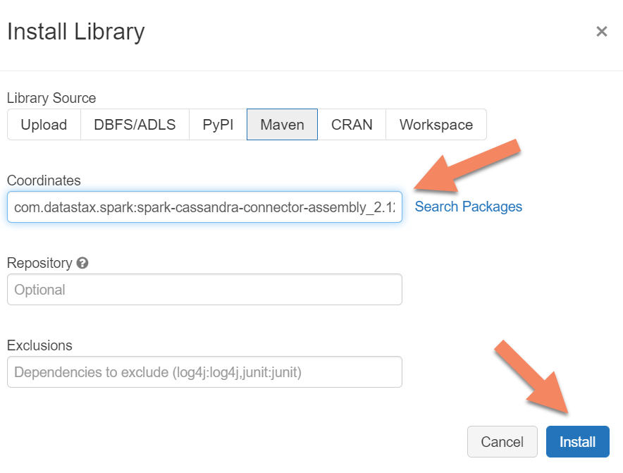 Schermopname van het zoeken naar Maven-pakketten in Azure Databricks.