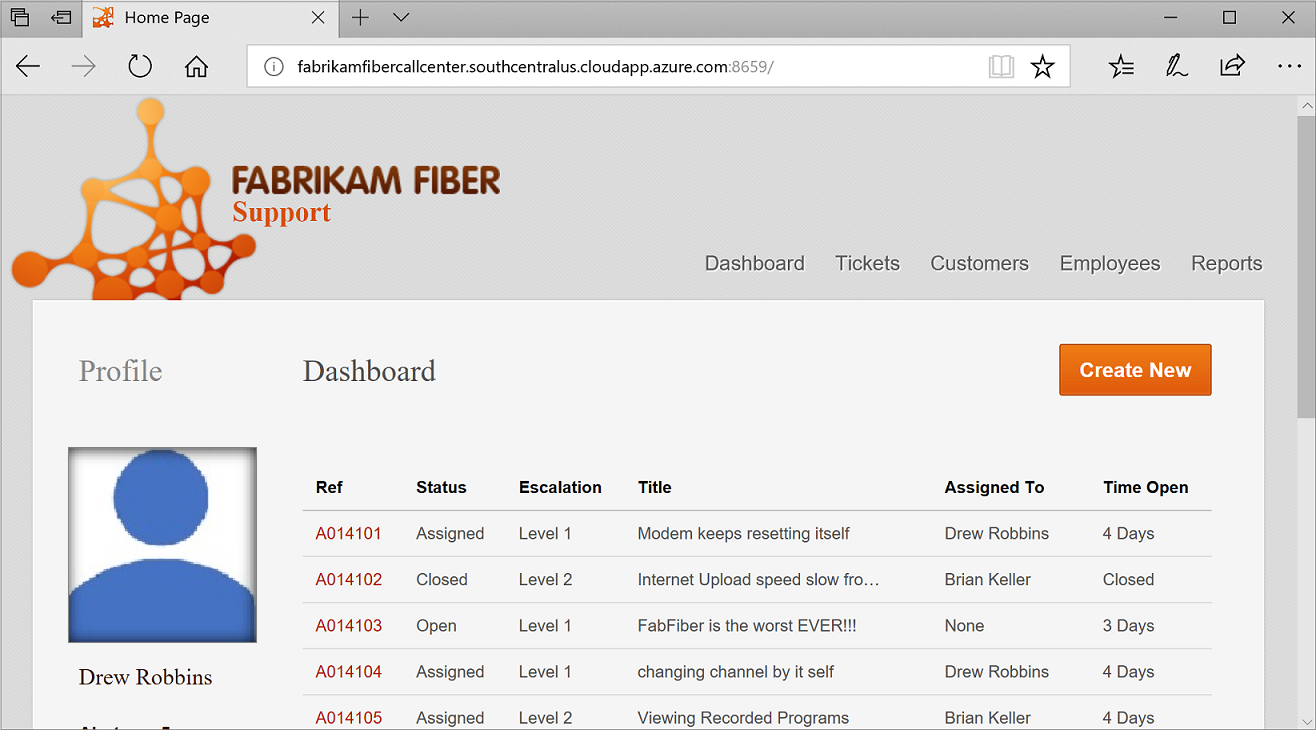 Schermopname van de startpagina van de Fabrikam Fiber CallCenter-toepassing die wordt uitgevoerd op azure.com. De pagina toont een dashboard met een lijst met ondersteuningsgesprekken.