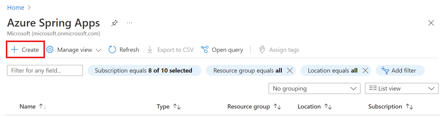 Screenshot van Azure portal met Azure Spring Apps-resource met de knop Maken gemarkeerd.