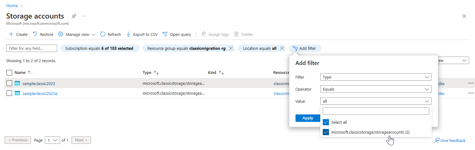 Schermopname van het weergeven van klassieke opslagaccounts in Azure Portal.