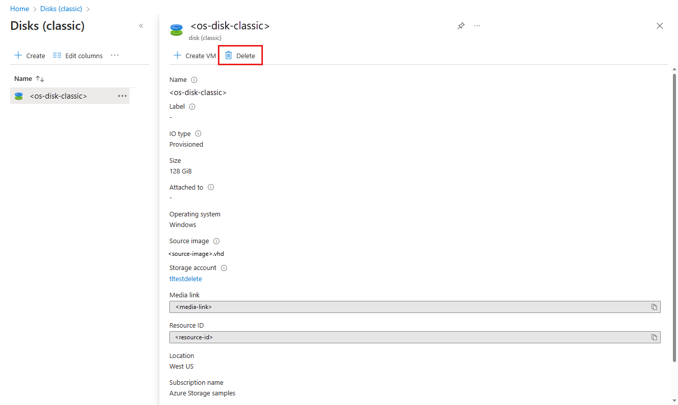 Schermopname van het verwijderen van klassieke schijfartefacten in Azure Portal.