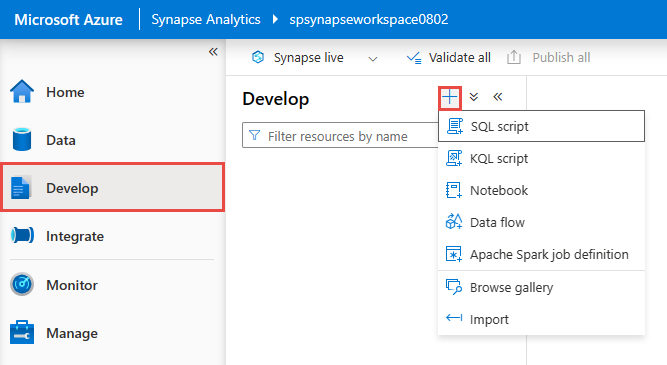 Schermopname van de pagina Ontwikkelen met het menu Nieuw SQL-script geselecteerd.