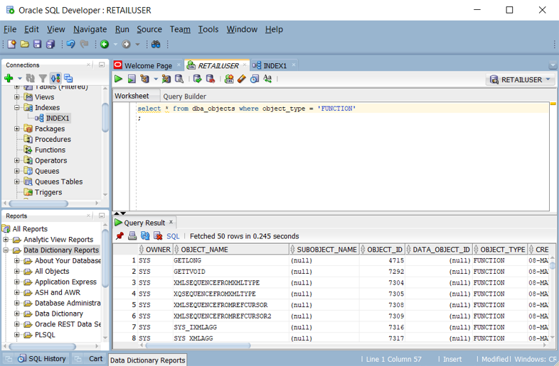 Schermopname die laat zien hoe u een query kunt uitvoeren op een lijst met functies in Oracle SQL Developer.