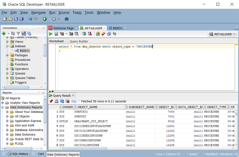 Schermopname die laat zien hoe u een query kunt uitvoeren op een lijst met opgeslagen procedures in Oracle SQL Developer.