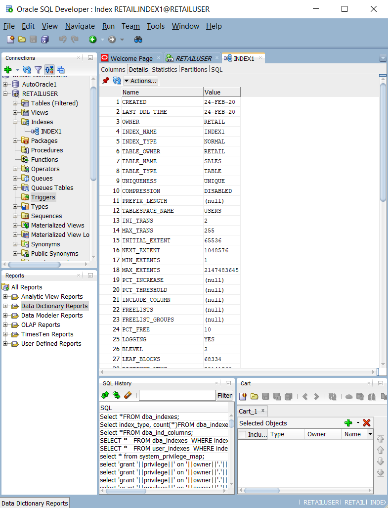 Schermopname die laat zien hoe u query's uitvoert op tabellen en weergaven in de systeemcatalogus in Oracle SQL Developer.