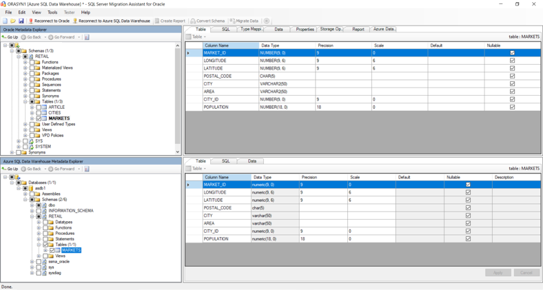 Schermopname die laat zien hoe SQL Server Migration Assistant voor Oracle veel onderdelen van het migratieproces kan automatiseren.