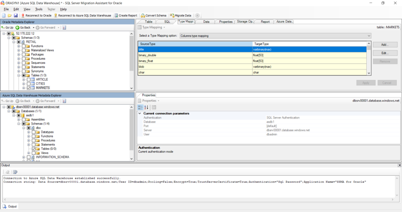 Schermopname die laat zien hoe u tabellen migreert van en een bestaande Oracle-omgeving naar Azure Synapse met behulp van SQL Server Migration Assistant voor Oracle.