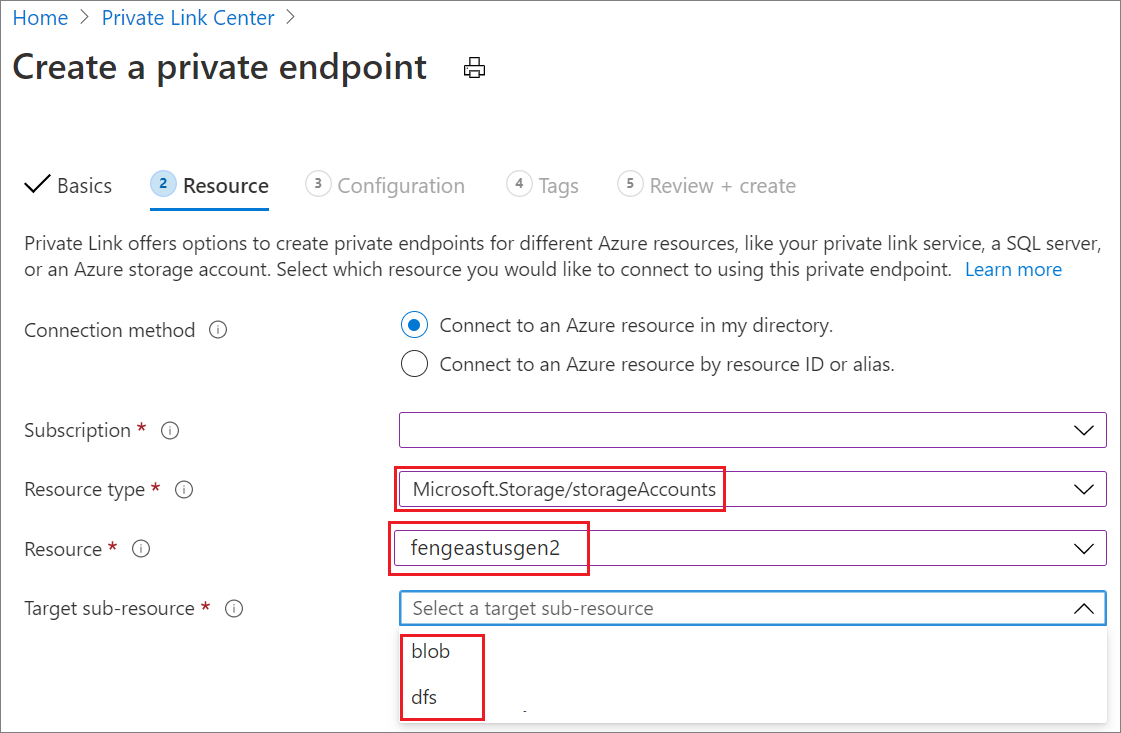 Schermopname van Een privé-eindpunt maken, tabblad Resource, opslag.