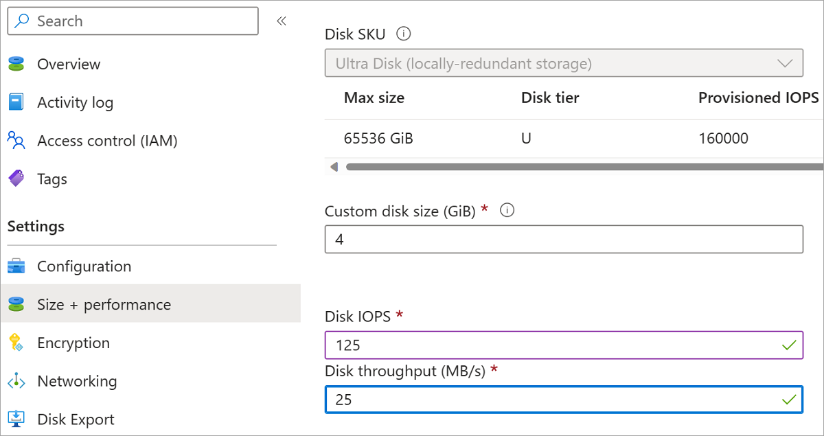 Schermopname van de configuratieblade op uw Ultra Disk, schijfgrootte, iops en doorvoer zijn gemarkeerd, opslaan is gemarkeerd.