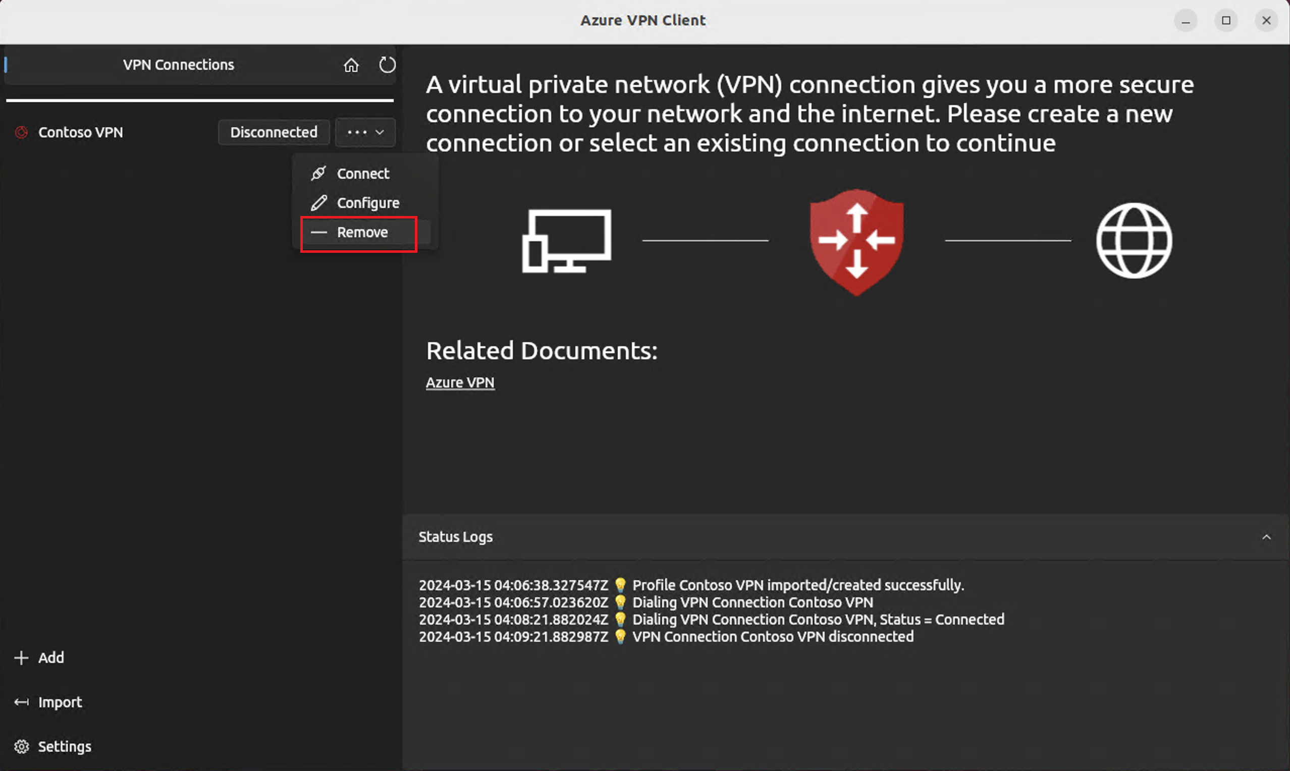 Schermopname van de VPN-client met de vervolgkeuzelijst met drie opties: Verbinding maken, configureren, verwijderen.