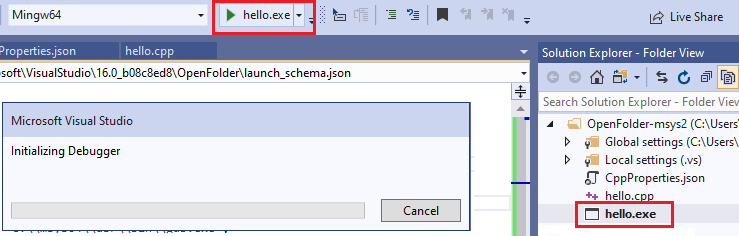 Vervolgkeuzelijst voor foutopsporing in de werkbalk met de groene pijl om het foutopsporingsprogramma te starten.