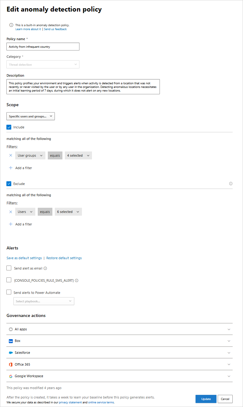 Schermopname die laat zien hoe u toegang met een bereik toevoegt aan uw anomaliedetectiebeleid.
