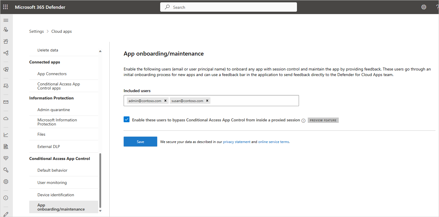 Schermopname van de instellingen voor onboarding/onderhoud van apps.