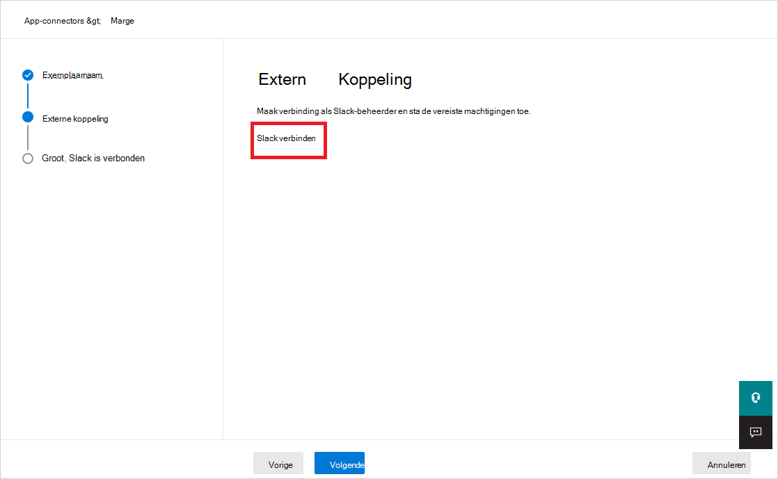 Schermopname die laat zien waar u de externe koppeling kunt invoeren en verbinding kunt maken met Slack.