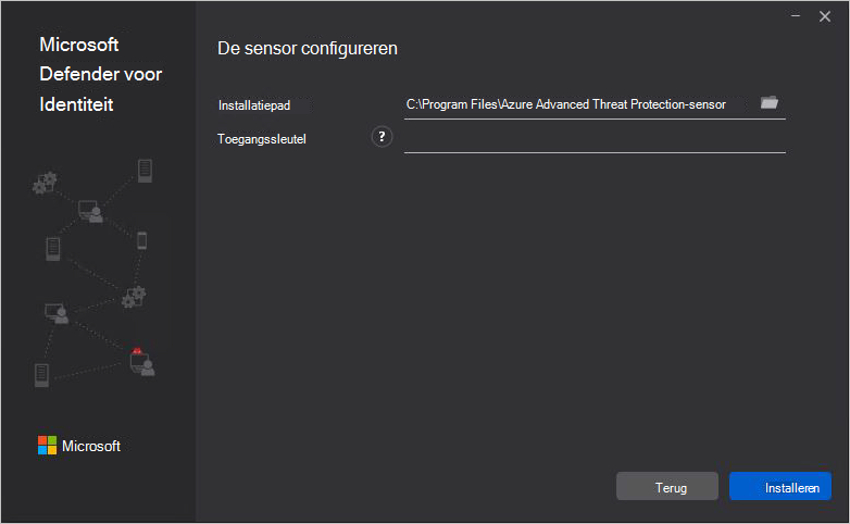 Schermopname van de wizardpagina voor de configuratie van de Defender for Identity-sensor.