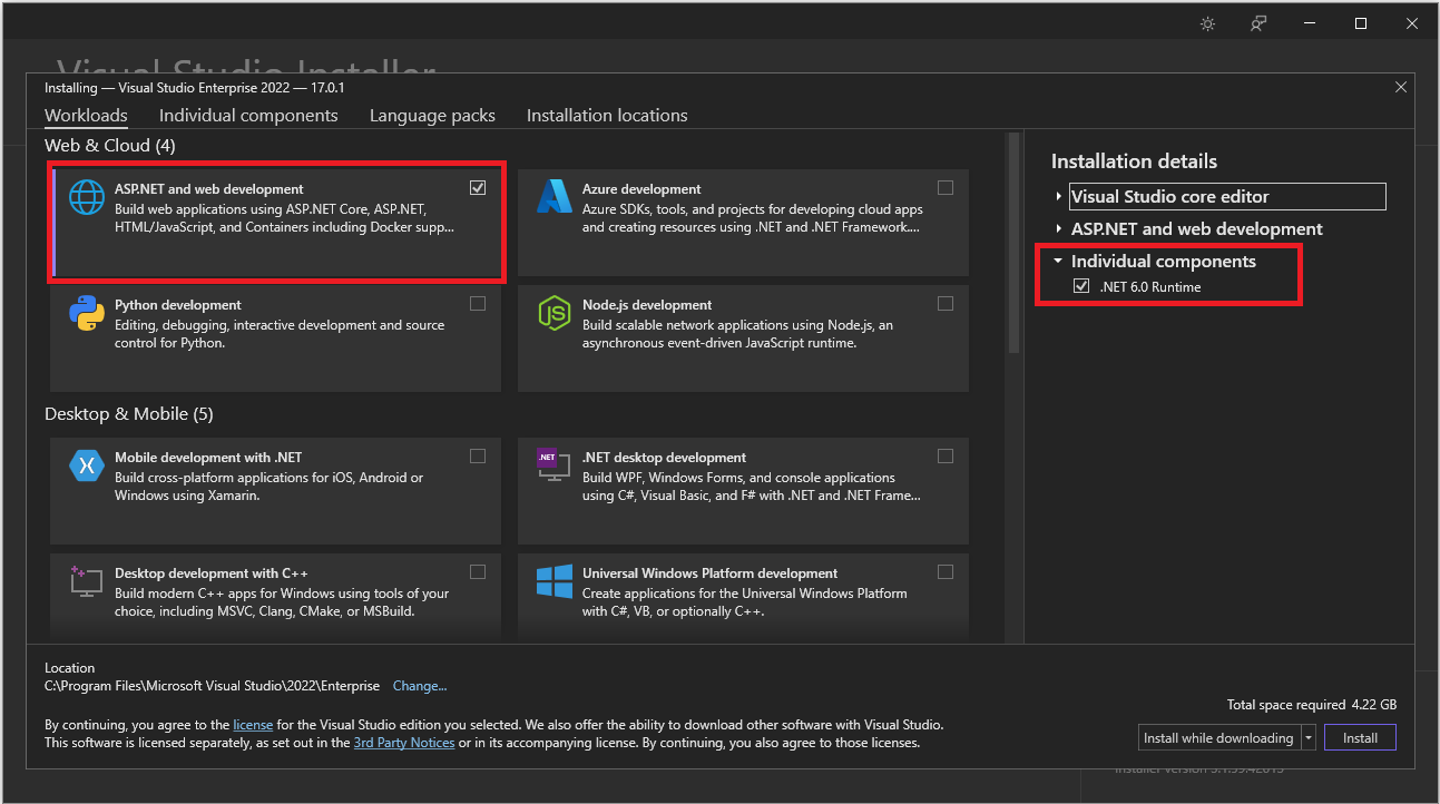 Schermopname van de platformoverschrijdende ontwikkelselectie van .NET Core.
