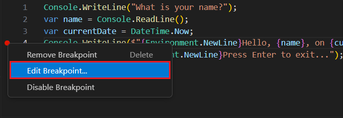 Onderbrekingspunt-contextmenu