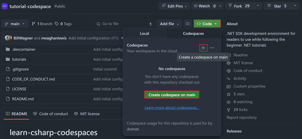 Een nieuwe Codespace maken vanuit de opslagplaats voor zelfstudies