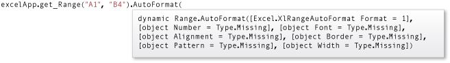 Schermopname van Snelle informatie over IntelliSense voor de methode AutoOpmaak.