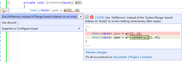 Code fix for CA1833 - Use AsSpan or AsMemory instead of Range-based indexers for getting Span or Memory portion of an array