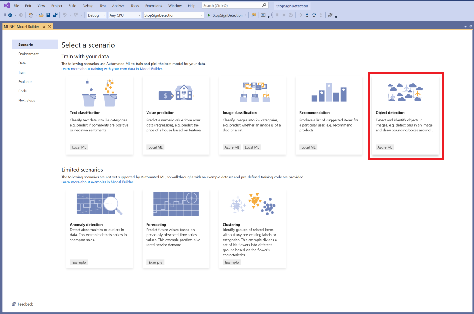 Model Builder wizard in Visual Studio