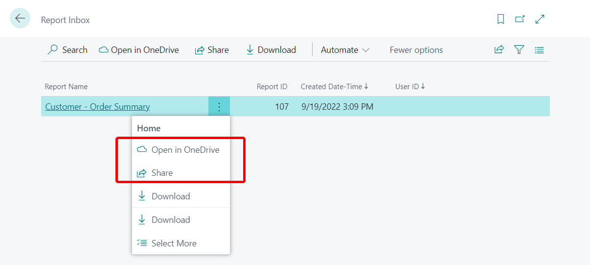 De acties Openen in OneDrive en Delen voor rapporten
