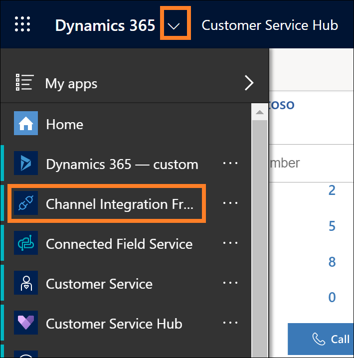 Vervolgkeuzeknop van Dynamics 365 en voor het zoeken van Kanaalintegratieframework.