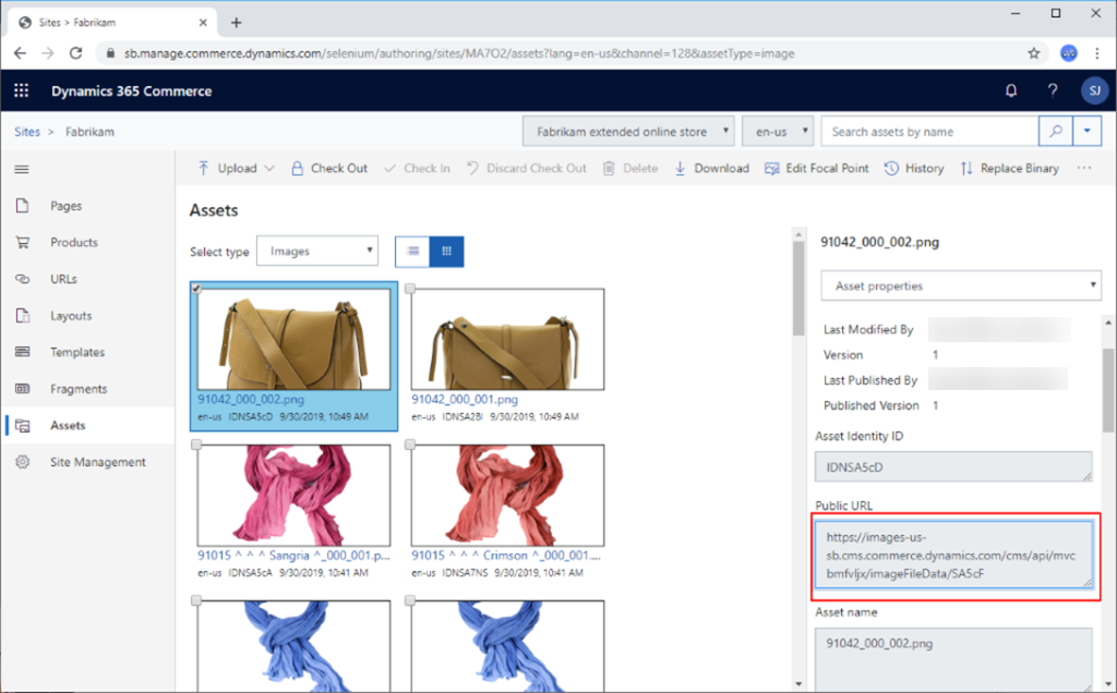 Public URL field in Dynamics 365 Commerce.