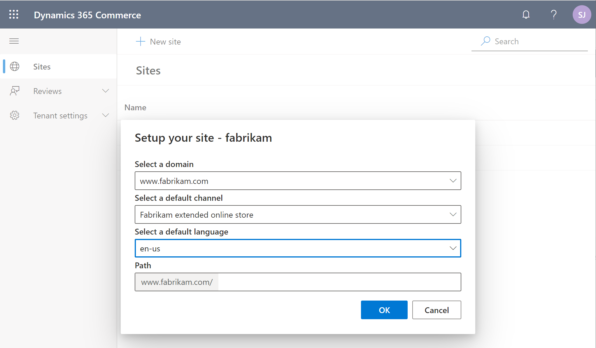 Het site-initialisatiedialoogvenster in Commerce site builder.