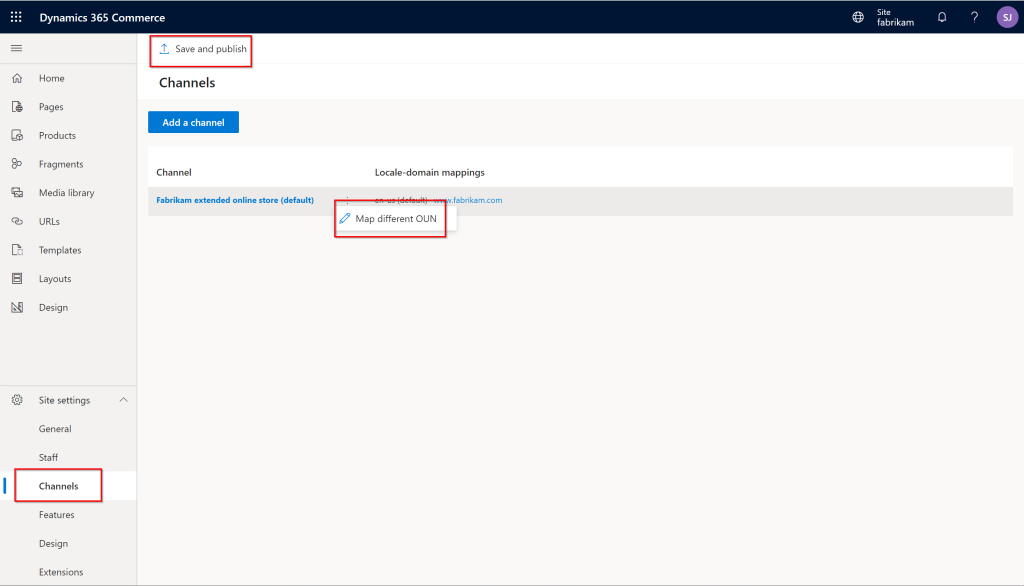 Kanaalpagina's van Commerce opbouwfunctie voor sites.