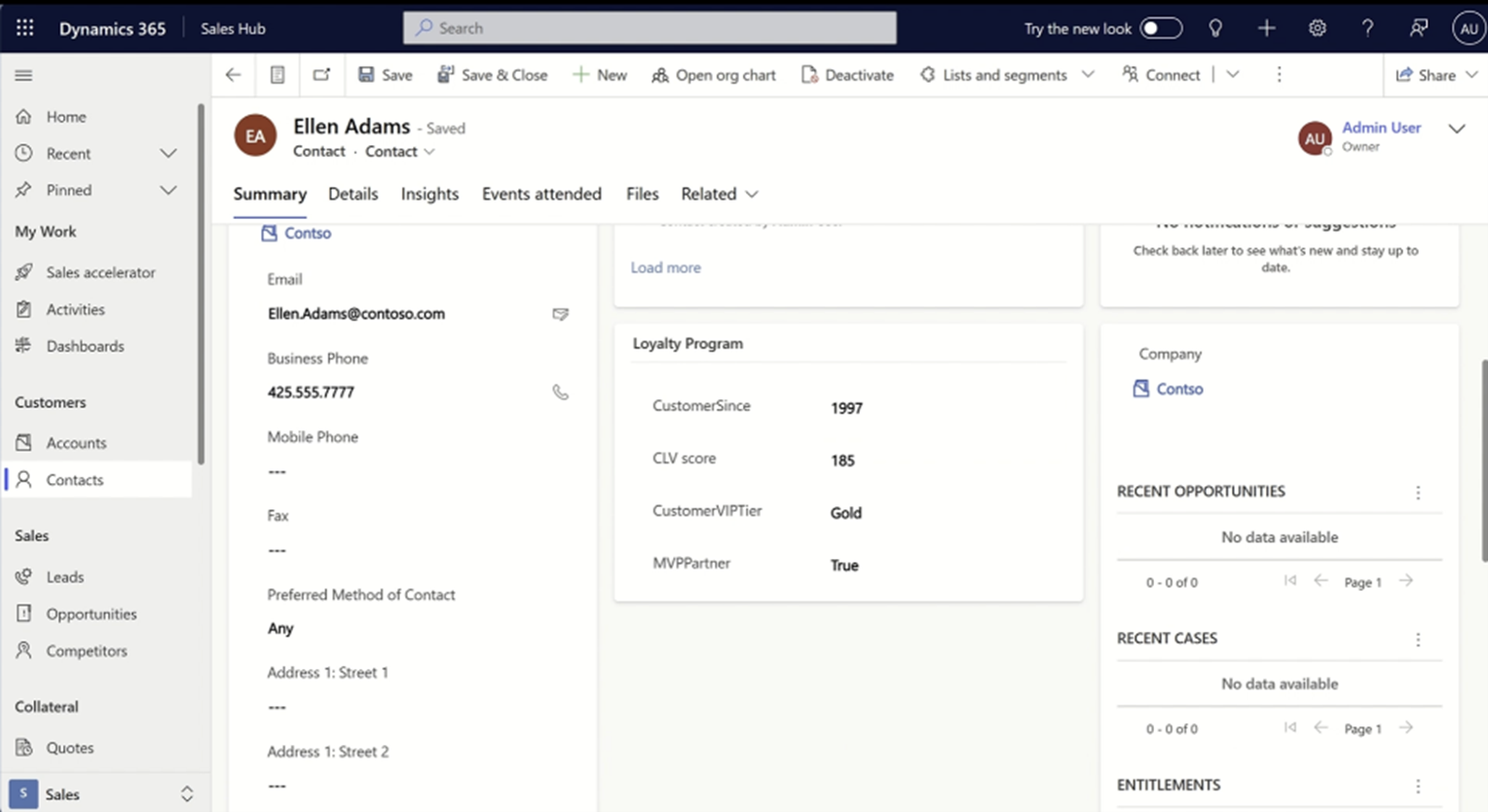 Dynamics 365 Sales-gebruikersinterface met loyaliteitsgegevens uit Customer Insights.