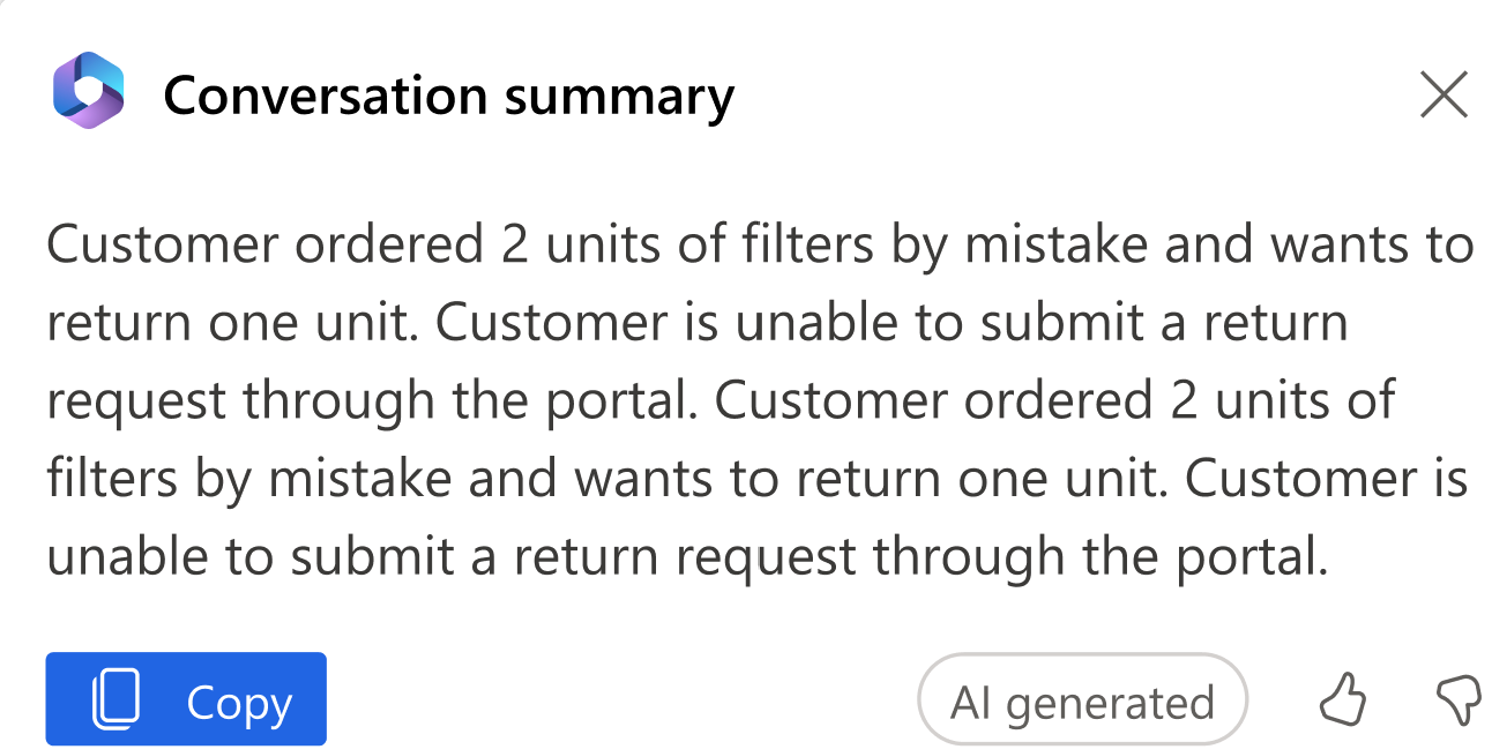 Schermopname van een samenvatting van een gesprek van Copilot.