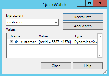 Screenshot of the QuickWatch window in Visual Studio showing the customer variable.